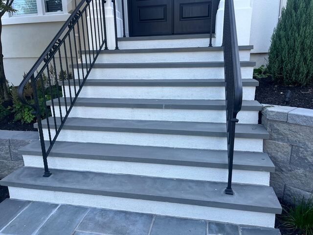 Bluestone front steps with white risers and wrought iron railings